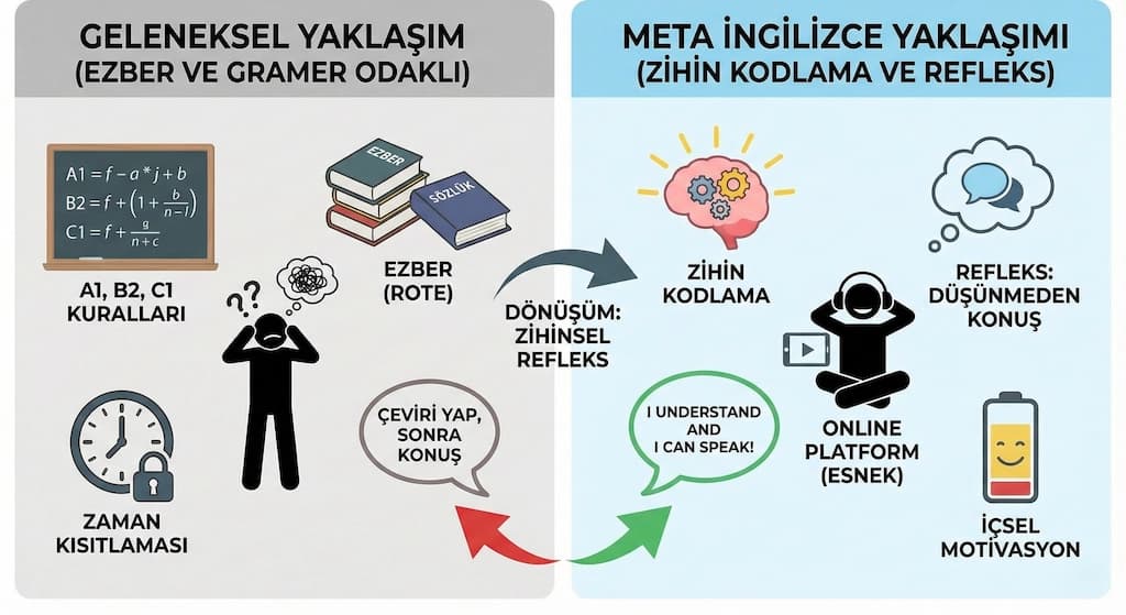 Geleneksel İngilizce eğitimi vs Meta İngilizce Geleneksel ve Meta İngilizce yaklaşımları karşılaştırması